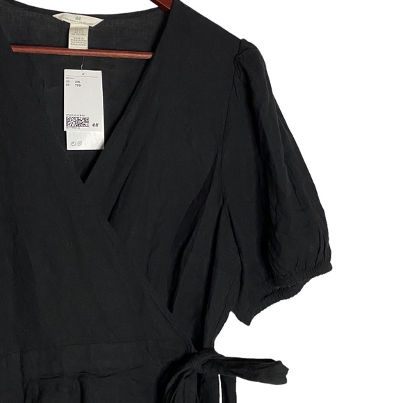 H&M Black True Wrap Dress Pleated Skirt Puff Sleeves Plus Size XXL - Picture 8 of 16